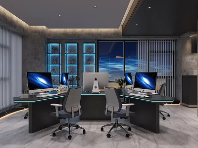 Modern Open Office Space Featuring Glass Top Desk Multiple Computers Office Chairs and Floor-to-Ceiling Windows 3d model