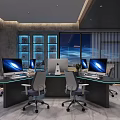 Modern Open Office Space Featuring Glass Top Desk Multiple Computers Office Chairs and Floor-to-Ceiling Windows