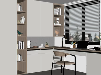 Modern Study Room Interior Design With Bookshelves Desk Laptop And Wooden Chair 3d model