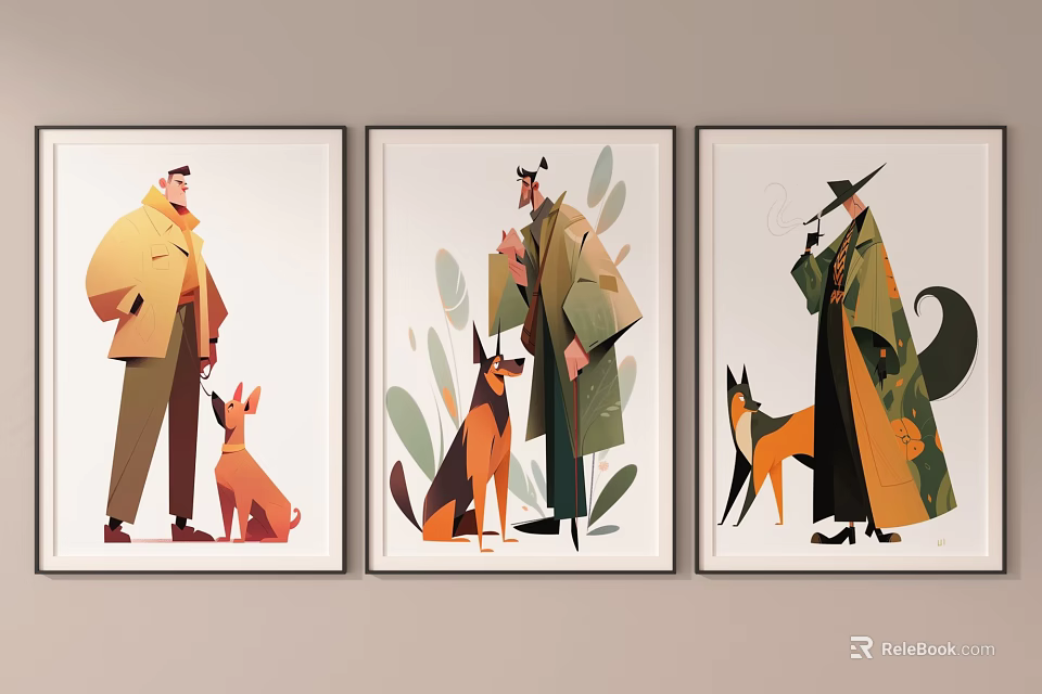 Colorful Framed Illustrations Featuring Characters With Dogs And Fox Wall Decor 3d model 
