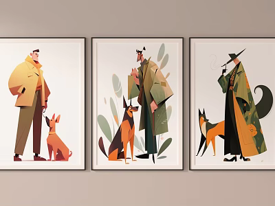 Colorful Framed Illustrations Featuring Characters With Dogs And Fox Wall Decor 3d model