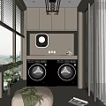 Modern Home Balcony With Washing Machine Dryer White Cabinets And Green Plants