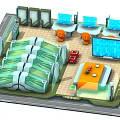 Cartoon Futuristic Interior Scene with Transparent Pods Green Lights Orange Chairs Desktops and Red Boxes