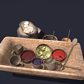 Traditional Kitchen Utensils Including Wooden Basin Clay Jar and Stone Mortar