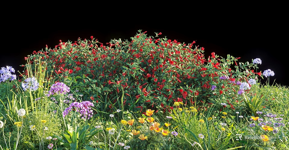 Vibrant Flower Garden With Red Purple Yellow Blooms And Green Foliage 3d model 