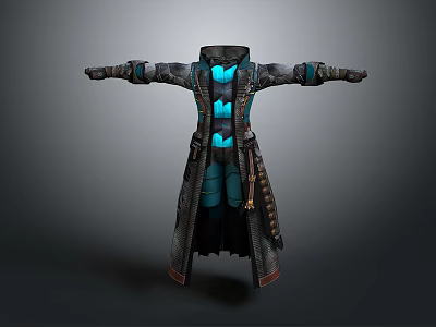 Stylish Long Coat With Blue Glowing Accents Multiple Pockets And Decorative Straps 3d model