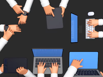 Multiple Hands in White Sleeves Using Various Electronic Devices Laptops Tablets Keyboard and Mouse 3d model