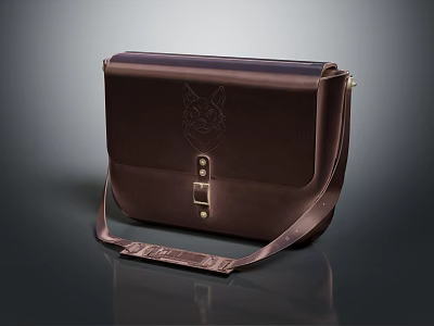 Brown Leather Satchel With Animal Head Design And Metal Buckle Shoulder Strap 3d model