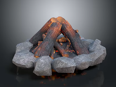 Outdoor Stone Fire Pit With Circular Surround And Burning Logs Flames 3d model