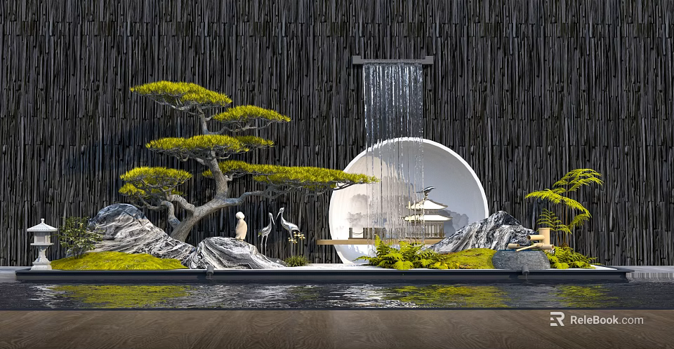 Traditional Chinese Garden Landscape Featuring Rockery Pine Tree Crane Waterfall And Circular Doorway Pond 3d model 