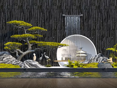 Traditional Chinese Garden Landscape Featuring Rockery Pine Tree Crane Waterfall And Circular Doorway Pond 3d model