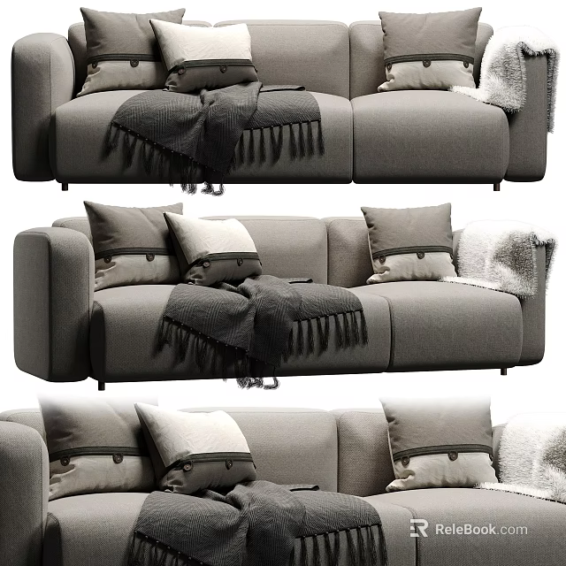 Gray Modern Three Seater Sofa With Soft Pillows And Cozy Blanket 3d model