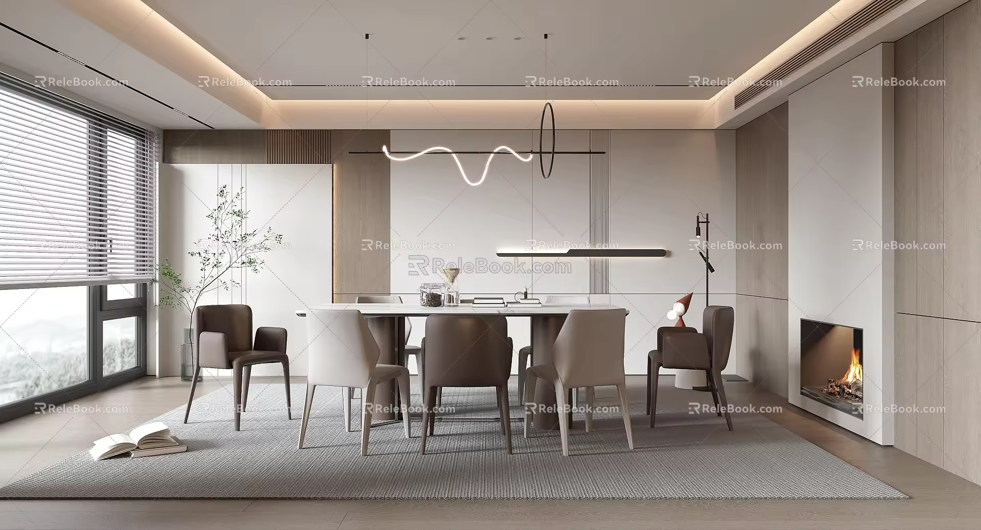 Restaurant Dining Table and Chair Rectangular Dining Table Dining Chair Background Wall Decorative Cabinet Chandelier 3d model