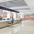Modern Service Hall Interior With Reception Counter Computers Chairs And Posters 3d model