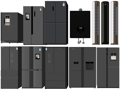 Modern Black Kitchen Appliances Collection With Various Refrigerator Models And Units 3d model