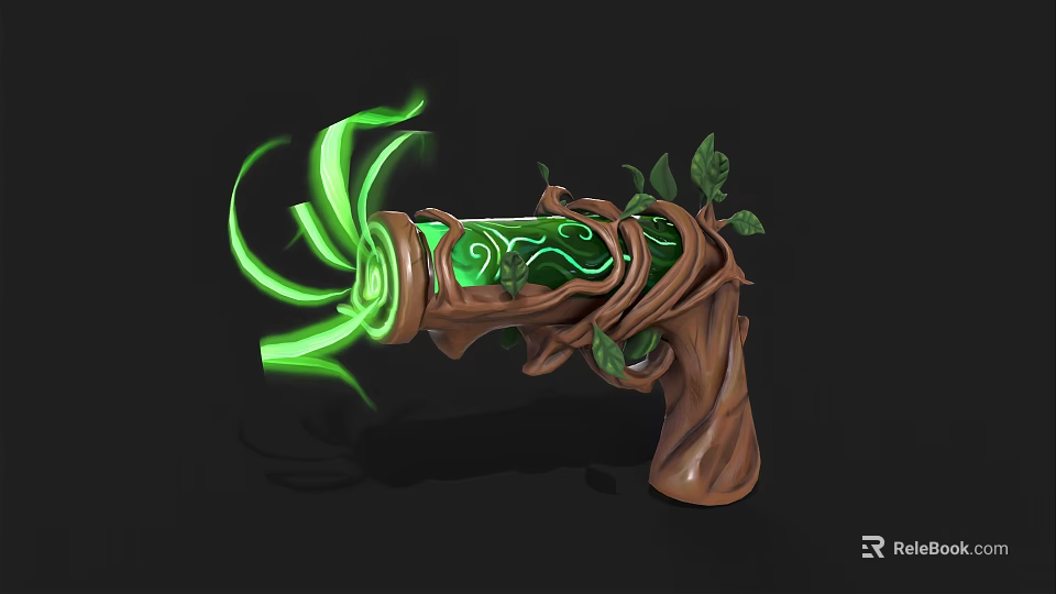 Enchanted Weapon With Wooden Handle Decorated Vines Leaves And Green Glowing Spiral Energy 3d model 