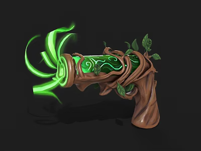 Enchanted Weapon With Wooden Handle Decorated Vines Leaves And Green Glowing Spiral Energy 3d model