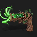 Enchanted Weapon With Wooden Handle Decorated Vines Leaves And Green Glowing Spiral Energy