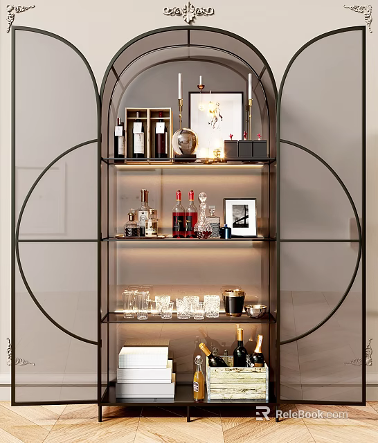 Elegant Decorative Cabinet With Glass Shelves Holding Wine Bottles Glassware And Photo Frames 3d model 
