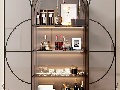 Elegant Decorative Cabinet With Glass Shelves Holding Wine Bottles Glassware And Photo Frames 3d model