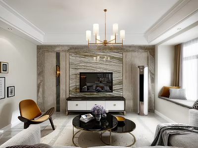 Modern Living Room With Marble Wall Chandelier TV Sofa Accent Chair And Coffee Table 3d model