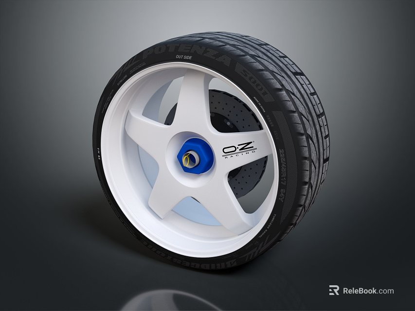 Car Tire With White Star Spoke Alloy Wheel Blue Center Cap OZ Logo Tread Pattern 3d model 