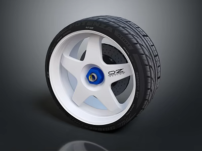 Car Tire With White Star Spoke Alloy Wheel Blue Center Cap OZ Logo Tread Pattern 3d model