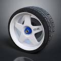 Car Tire With White Star Spoke Alloy Wheel Blue Center Cap OZ Logo Tread Pattern