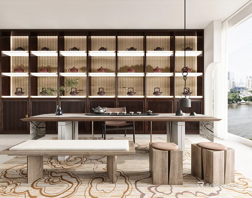 Modern Tea Room Interior With Table Stools Cabinets And River View 3d model