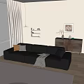 Black Leather Double Sofa With Beige Wall White Curtains And Orange Grey Cushions Throw Blanket