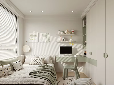 Tatami Bedroom Interior With Natural Light Window Blinds Desk Chair And Storage Shelves 3d model