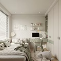 Tatami Bedroom Interior With Natural Light Window Blinds Desk Chair And Storage Shelves
