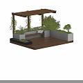 Pergola with Wooden Structure Lush Green Plants and Seating Bench in Garden