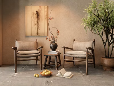 Comfortable Leisure Chairs With Wooden Frames And Fabric Cushions In Cozy Living Corner 3d model