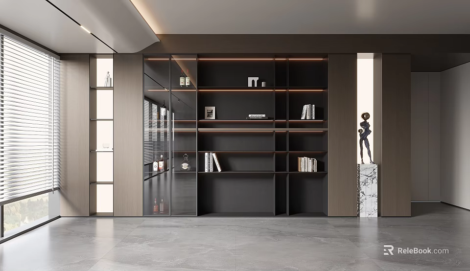 Modern Decorative Cabinet With Glass Door Wooden Frame Layered Design And Decorations In Living Room 3d model 