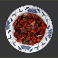Colorful Spicy Meat Stir Fry With Carrots Onions Bell Peppers In Blue And White Plate