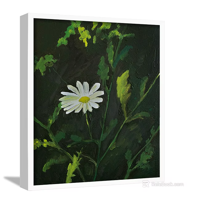 Beautiful Botanical Painting with White Daisy and Green Leaves on Dark Background 3d model 