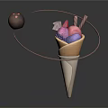 Colorful Ice Cream Cone With Assorted Flavors Chocolate Ball And Whipped Cream Toppings