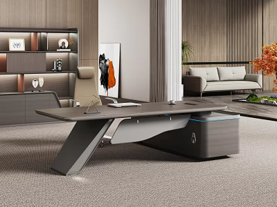 Modern Office Desk With Sleek Design And Bookshelf And Potted Plant In Contemporary Workspace 3d model