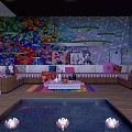 Stylish Courtyard Garden With Lotus Pond Wooden Flooring And Colorful Decorative Wall