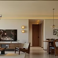 Modern Natural Dining And Living Room Interior With Wooden Cabinets Sofa And Chandelier