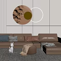 Modern Brown Sectional Sofa With Circular Wall Decor Throw Pillows And Ottoman 3d model