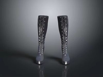 Stylish Knee High Fashion Boots With Intricate Pattern Silver Sole And White Laces 3d model
