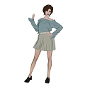 Woman in Light Blue Off Shoulder Top and Beige Pleated Skirt with Updo Hairstyle Posing