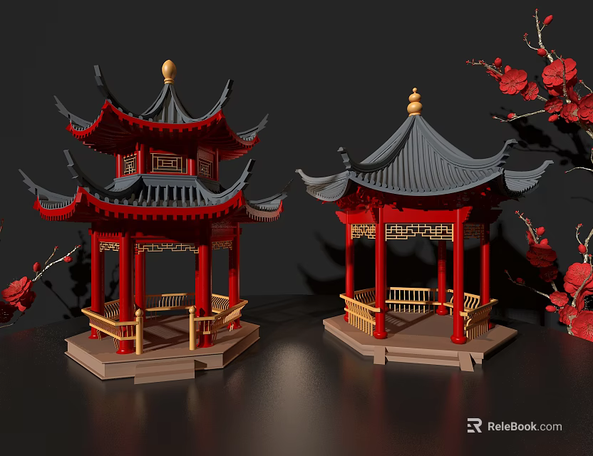 Chinese Style Ornamental Decor Set with Traditional Pavilions Red Black Design and Red Flower Branches 3d model 