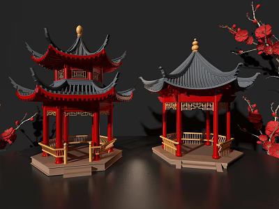 Chinese Style Ornamental Decor Set with Traditional Pavilions Red Black Design and Red Flower Branches 3d model