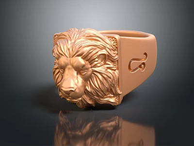 Elegant Gold Lion Head Ring Featuring Zodiac Symbol And Detailed Carving 3d model