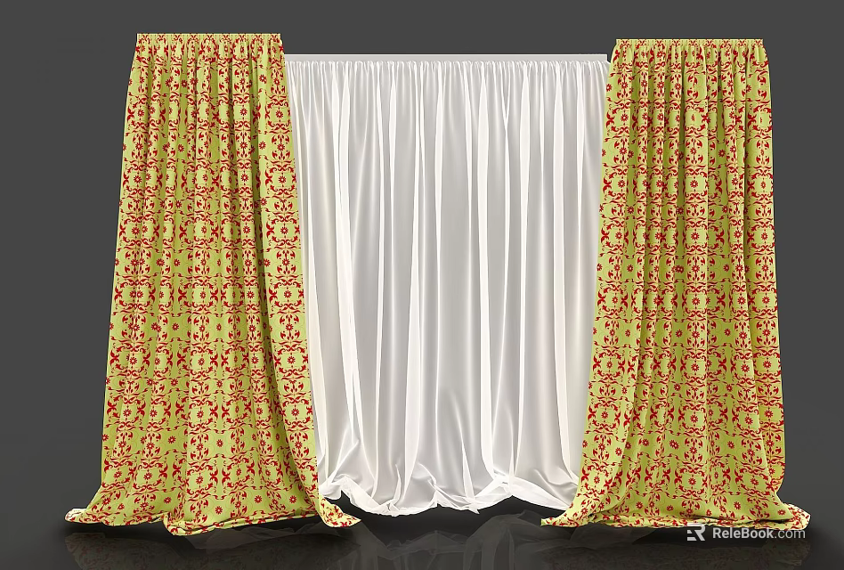 Elegant Patterned Curtains With Yellow Red Design And White Sheer Panels 3d model 