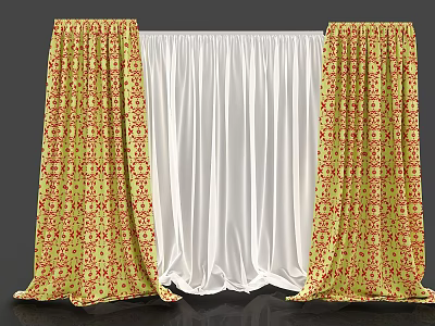 Elegant Patterned Curtains With Yellow Red Design And White Sheer Panels 3d model