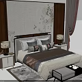 Double Bed with Background Floral Pattern Wall Bedside Tables Table Lamps Footstool Rug 3d model